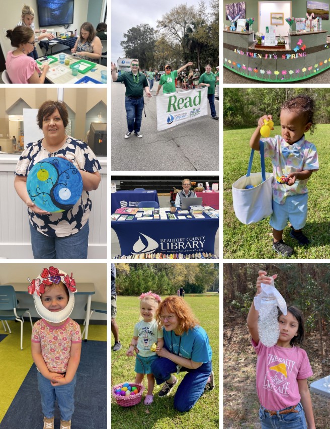 Photo collage featuring events and displays throughout the library system.