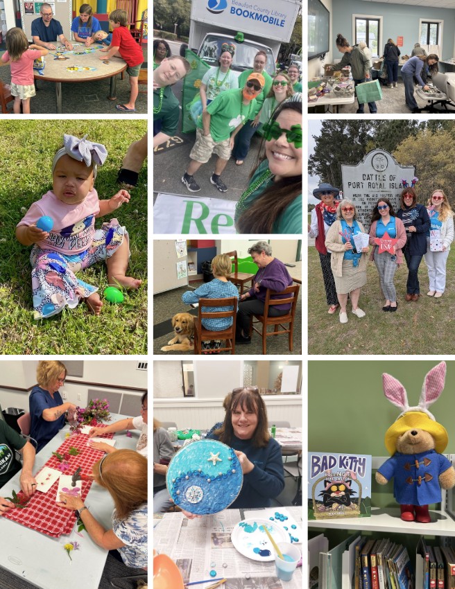 Photo collage featuring events and displays throughout the library system.