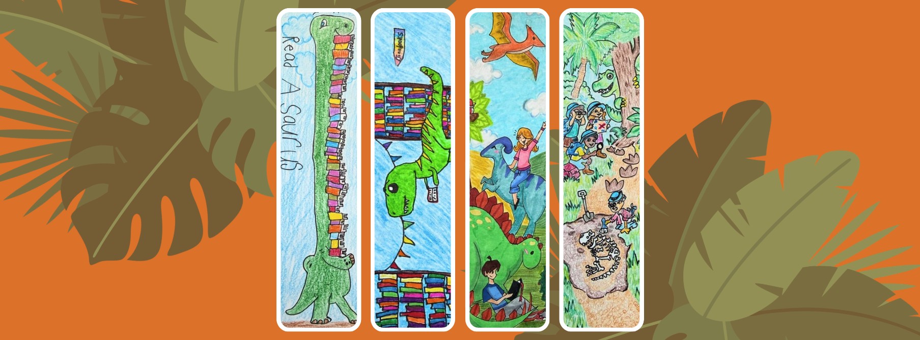 Artwork of four winning bookmarks shown in order by age of artist.