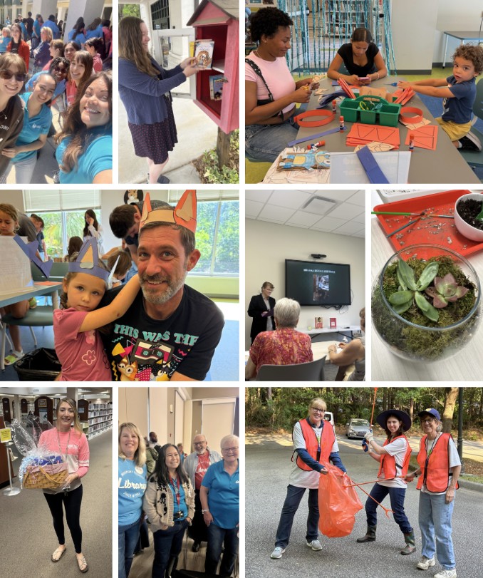 Photo collage featuring library staff and customers.