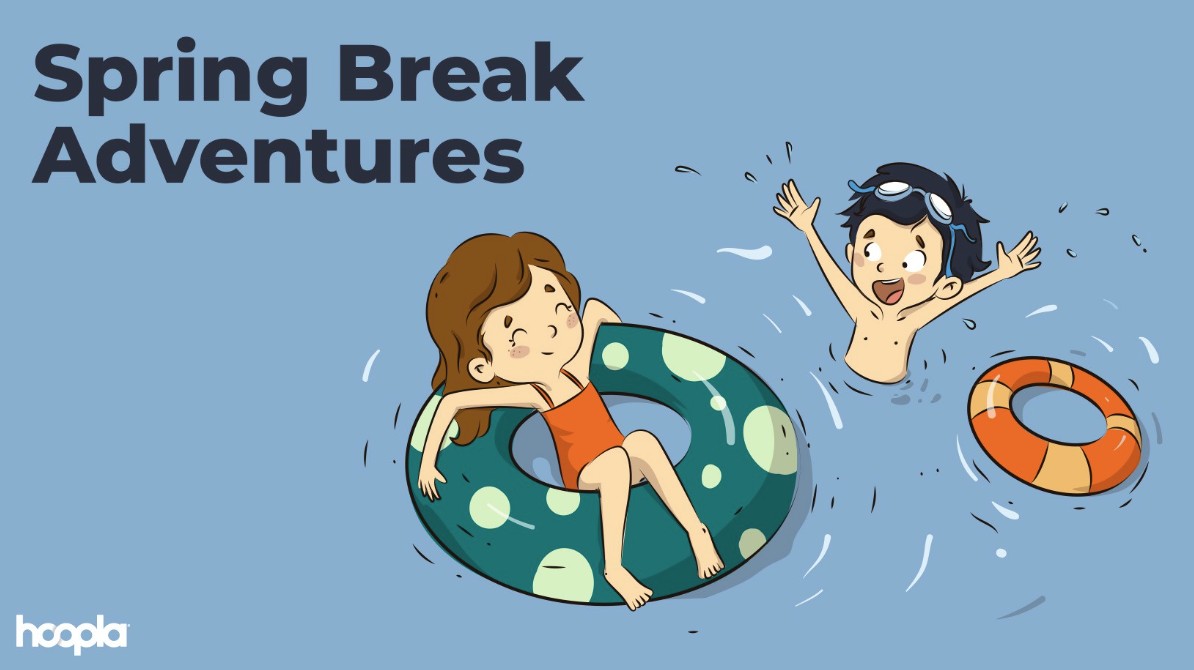 Spring Break Adventures graphic with cartoon children splashing in water.
