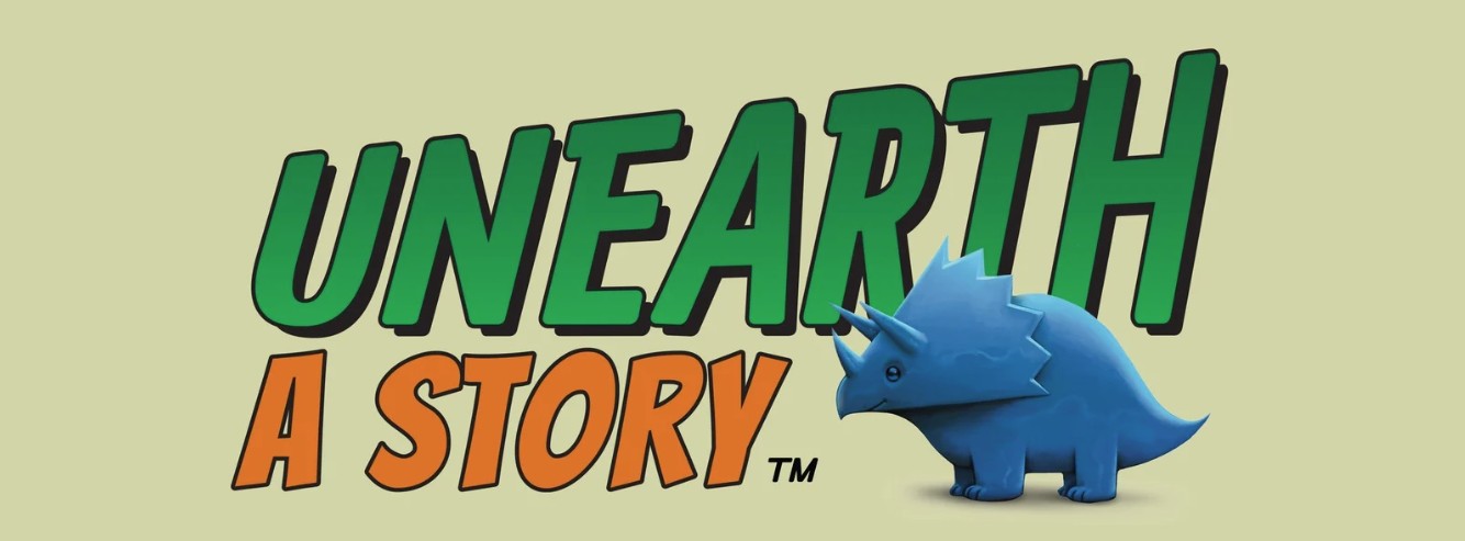 Unearth a Story Summer Reading Logo with blue dinosaur.