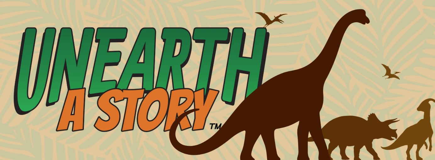 "Unearth a Story" Summer Reading graphic with dinosaurs.