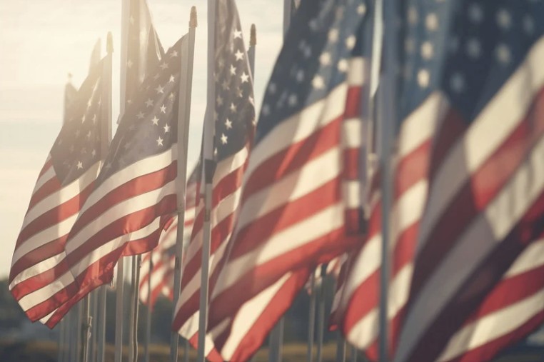 Row of US flags waving in the breeze.